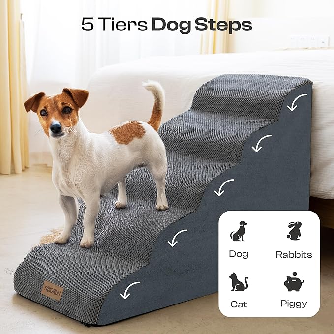 Dog Stairs for High Beds Up to 30", Extra-Tall 24.5" 5-Step Foam Pet Ramp with Washable Cover, Gentle Slope Steps, Bed & Couch Ladder for Small Medium Dogs & Senior Cat, Puppy Climbing Stairs-PawvioPets