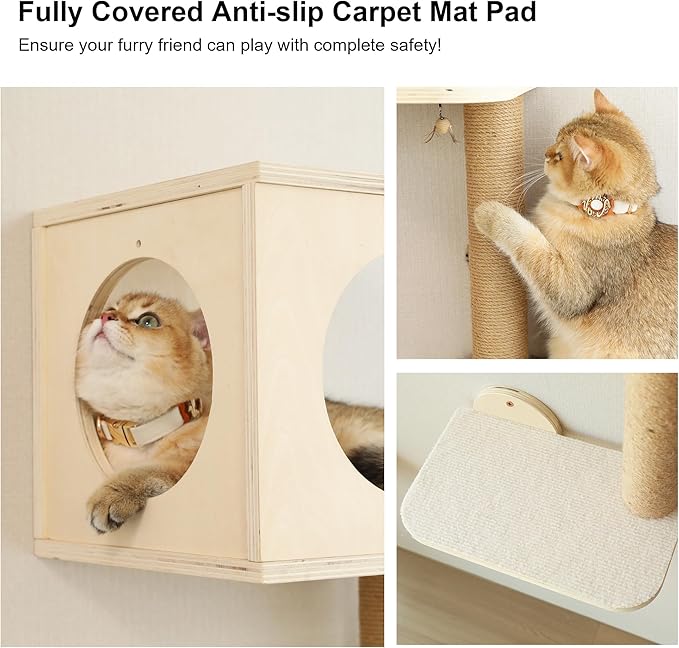 FUKUMARU Cat Wall Shelves, 5-Piece Stable Wooden Wall-Mounted Furniture Set, Kitty Climber with Hammock, House, Steps, Scratching Post (Beige)-PawvioPets