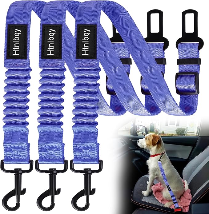 3 Pack Thickened Dog Seat Belt, Set Retractable Dog Car Adjustable Seatbelts for Vehicle Nylon Pet Safety Heavy Duty & Elastic & Durable Car Harness for Dogs, Blue-PawvioPets