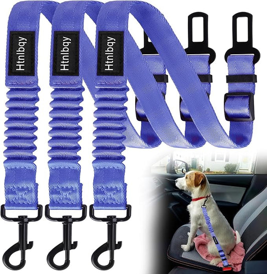 3 Pack Thickened Dog Seat Belt, Set Retractable Dog Car Adjustable Seatbelts for Vehicle Nylon Pet Safety Heavy Duty & Elastic & Durable Car Harness for Dogs, Blue-PawvioPets