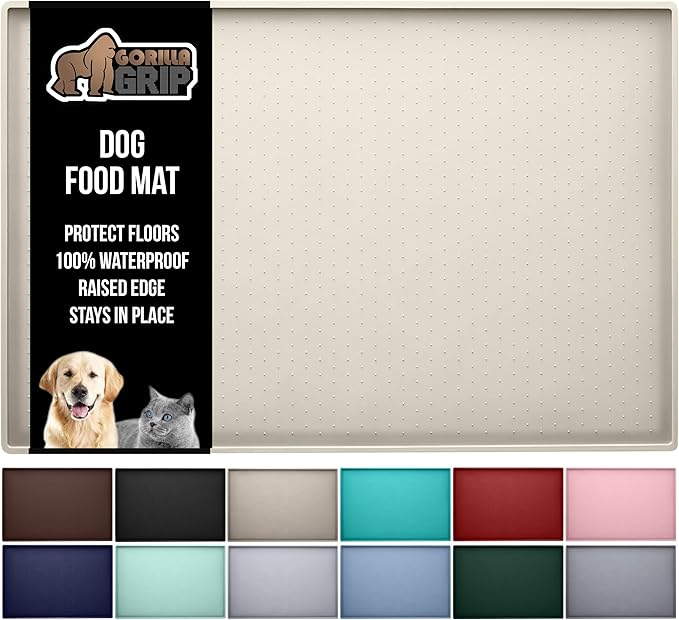 GORILLA GRIP 100% Waterproof Raised Edge BPA Free Silicone Pet Feeding Mat, Dog Cat Food Mats Contain Spills Protects Floors, Placemats for Cats and Dogs Water Bowl, Pets Accessories 16x10, Cream-PawvioPets