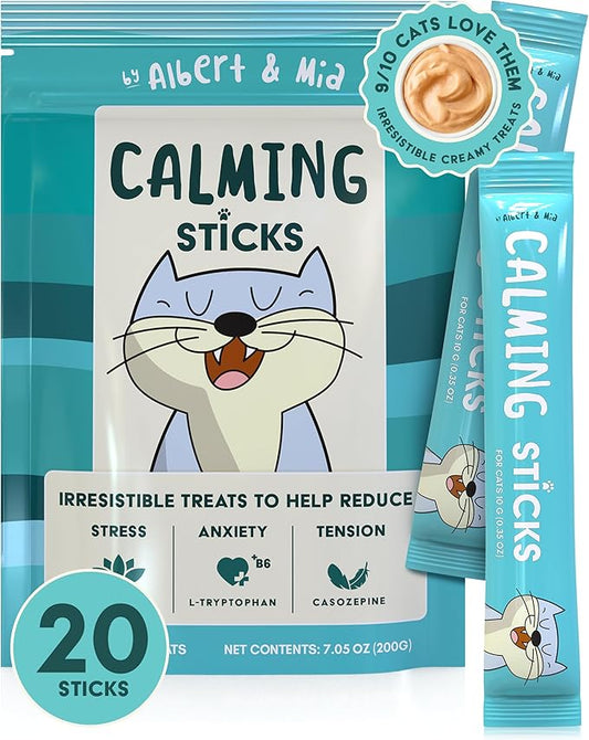 ALBERT & MIA Calming Sticks Lickable Calming Cat Treats for Stress and Anxiety Relief for Cats, Irresistible - Vet Recommended (Sleeping Aid, Vet Visits, Grooming, Car Rides, Plane) 20 Pack-PawvioPets