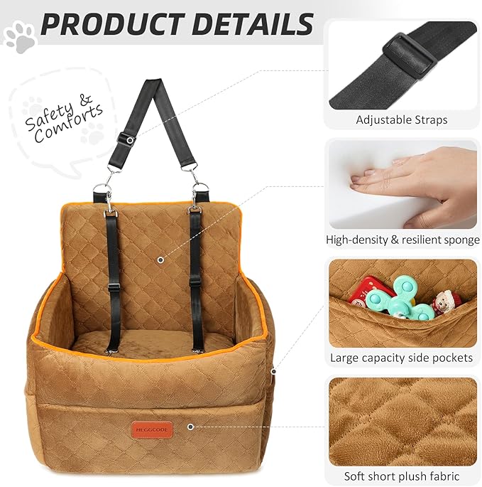 Dog Car Seat for Small Medium Dogs, Memory Foam Dog Booster Seats with Thick Cushion for Dogs Under 35lbs, Detachable Washable Pet Car Seat Travel Bed with Storage Pockets,2 Safety Belt-PawvioPets
