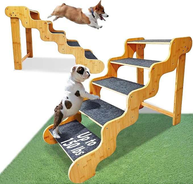 Dog Steps for Bed,24 Inches 5 Step Dog Stairs for Senior Pets to Get On 30 Inches High Beds/Car,Made of Bamboo Can Support Large Dogs Weighing Up to 160 LB-PawvioPets