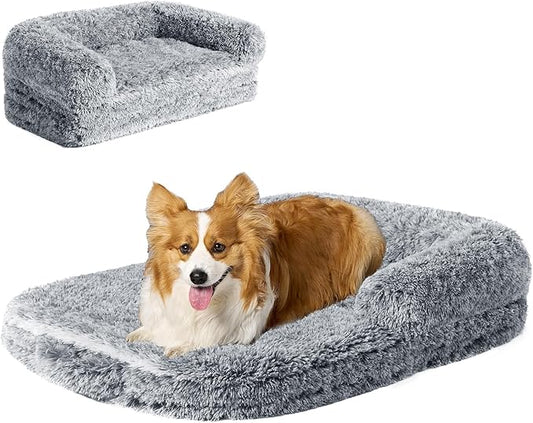 EHEYCIGA Foldable XL Dog Bed, Faux Fur Fluffy Pet Couch Bed for Large Dogs, Orthopedic Calming Memory Foam Big Pet Bed, Washable Soft Pet Sofa Bed with Non-Slip Bottom, Grey, 46"x34"x6.5"-PawvioPets