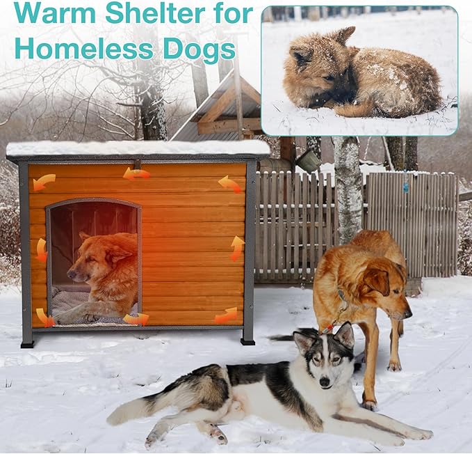 Feral Dog House Outdoor,Anti Bite Iron Frame Dog Kennel,Wood Warm Pets Home,Insulated Weatherproof Outside Shelter for Feral Animal (43.3" (L) x 29.4" (W) x 33.4" (H)-Brown-in)-PawvioPets