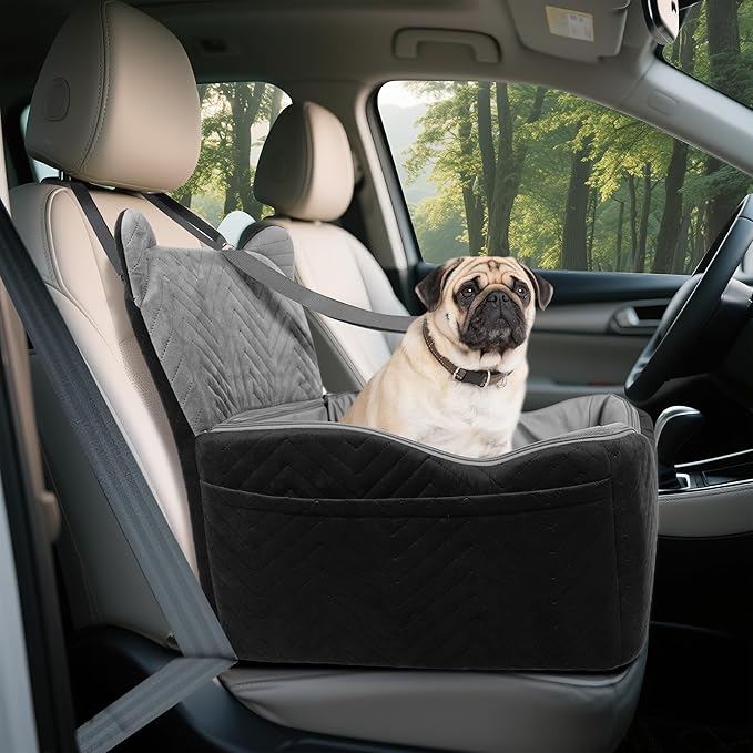 Dog Car Seat Booster with Waterproof Cover, Memory Foam, Small/Medium Dog Bed for Car Back Seat for Travel, Black/Grey, 2 Safety Belt-PawvioPets