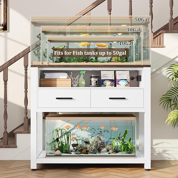 40-49 Gallon Fish Tank Stand with Two Storage Drawers, Heavy Duty Aquarium Stand with Waterproof Mat, Sturdy Metal Frame, 800 LBS Capacity Storage Cabinet, White-PawvioPets