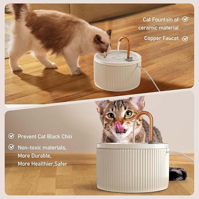 DOOOB Ceramic Cat Water Fountain, 2.1L/71oz Ceramic Cat Fountains, Automatic Pet Water Fountain for Cats, Pet Water Fountain with Ultra-Quiet Pump and 3 Filters & 3 Sponges (Beige)-PawvioPets