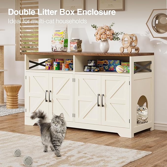 Cat Litter Box Enclosure for 2 Cats, 47" Hidden Litter Box Furniture Cat Washroom with Double Large Room, Farmhouse Indoor Litter Box Cabinet TV Stand, White-PawvioPets