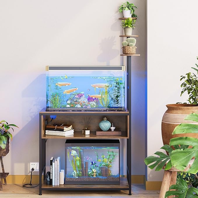 Aquarium Stand with Plant Shelves,20-Gallon Fish Tank Stand with 2-Tier Storage and Display Racks,Metal Frame Reptile Tank Table with Tall Plant Holders,Industrial Rack for Home,Office-PawvioPets