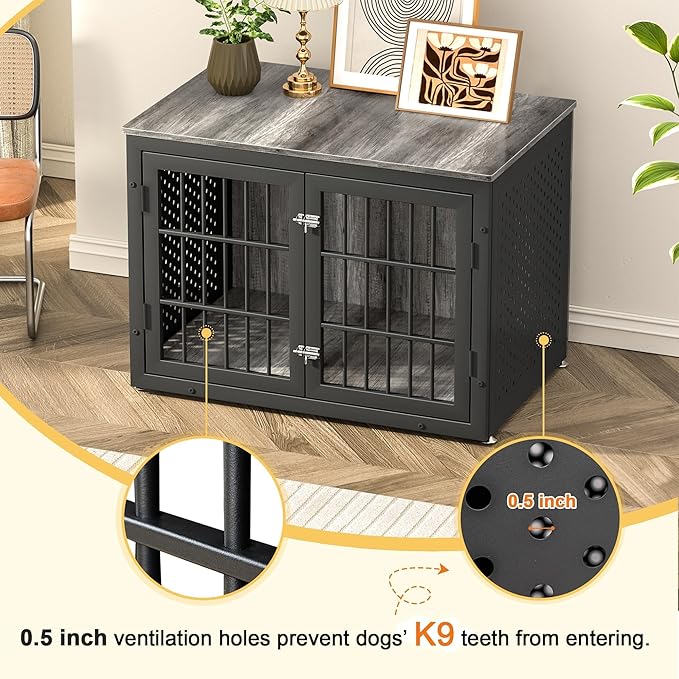 38" Heavy Duty Dog Crate Furniture for Large and Medium Dogs,Wooden Metal Kennel for High Anxiety Dogs, Chew Proof Cage Indoor, Decorative Kennel End Table-PawvioPets