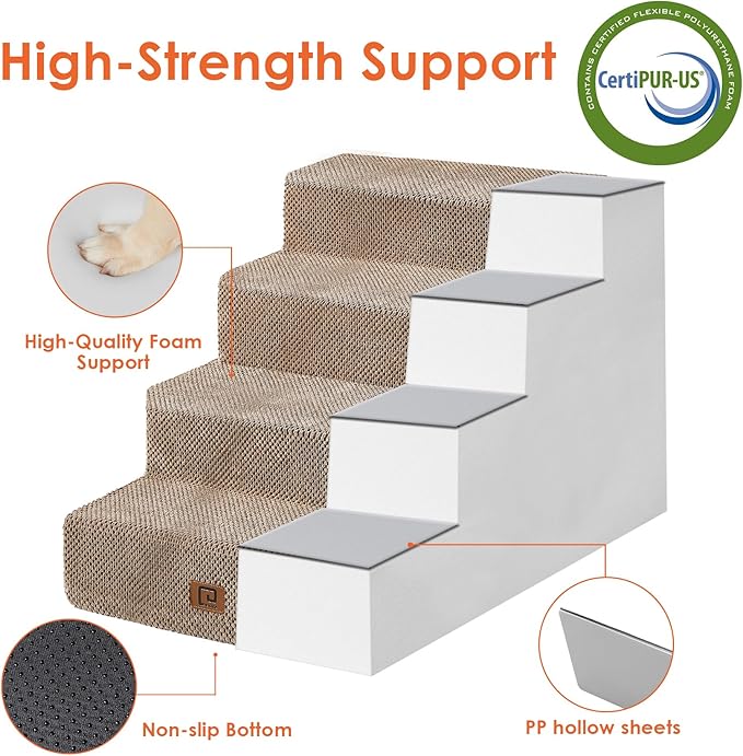 EHEYCIGA Dog Stairs for Bed 20" H, 4-Step Extra Wide Dog Steps for High Bed, Pet Steps for Small Dogs and Cats, Non-Slip Balanced Pet Ramp Indoor, Camel-PawvioPets