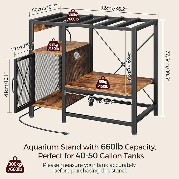 40-50 Gallon Fish Tank Stand, Aquarium Stand with Power Outlet and Storage Cabinet, Heavy Duty Tank Stand Suitable for Turtle Tank, Reptile Terrarium, for Home Office, Rustic Brown FTHR50E01-PawvioPets