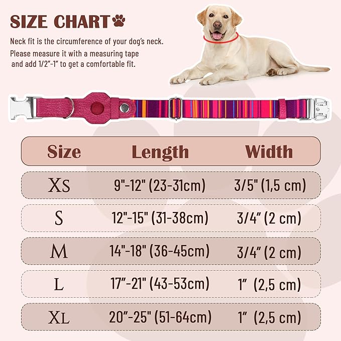 AirTag Dog Collar for Small Medium Large Breed - Adjustable Cute Pattern Dog Collar with Airtag Holder - Soft Leather Tracker GPS Apple Air Tag Pet Collars (Large, 17"-21" Neck Fit, Striped)-PawvioPets