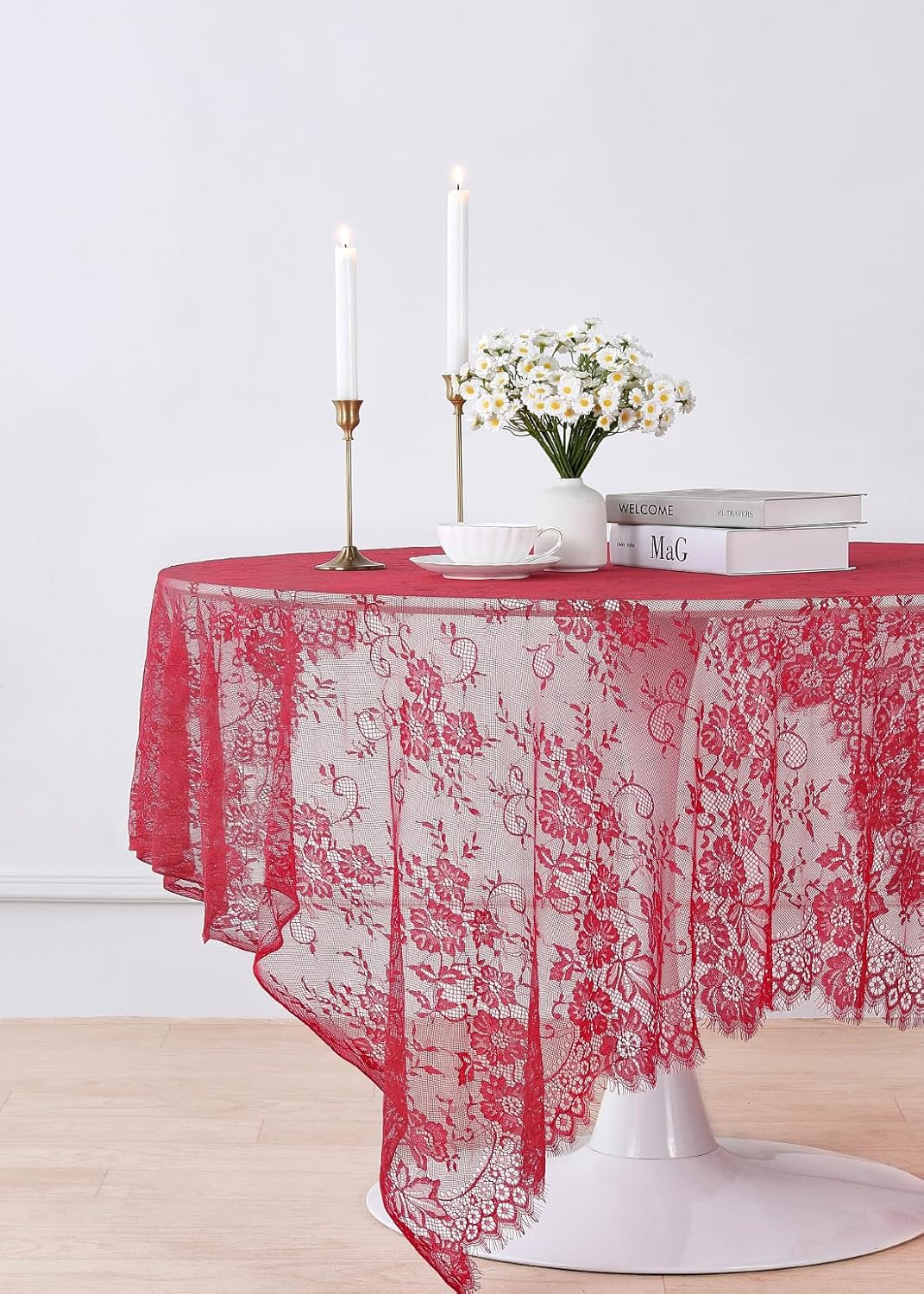 LuoluoHouse Red Tablecloth Christmas Lace Table Fabric 2pcs 60x120 Inch for Birthday Rustic Wedding Bridal Shower Party Decoration Rectangle Overlay Vintage Embroidered Reception Table Cloth Decor