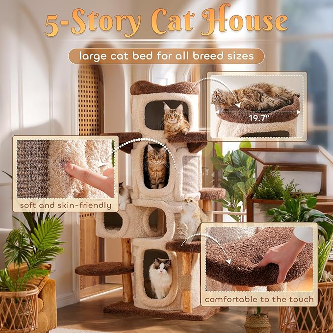 70'' Luxury Heavy Duty Cat Tree for Indoor Cats Adults,Treehouse Theme Large Cat Tower for Home Decoration,Multi-Level Modern Maine Coon Condo with 3*Wood Scratching Post,Perch,Huge House for Multicat-PawvioPets