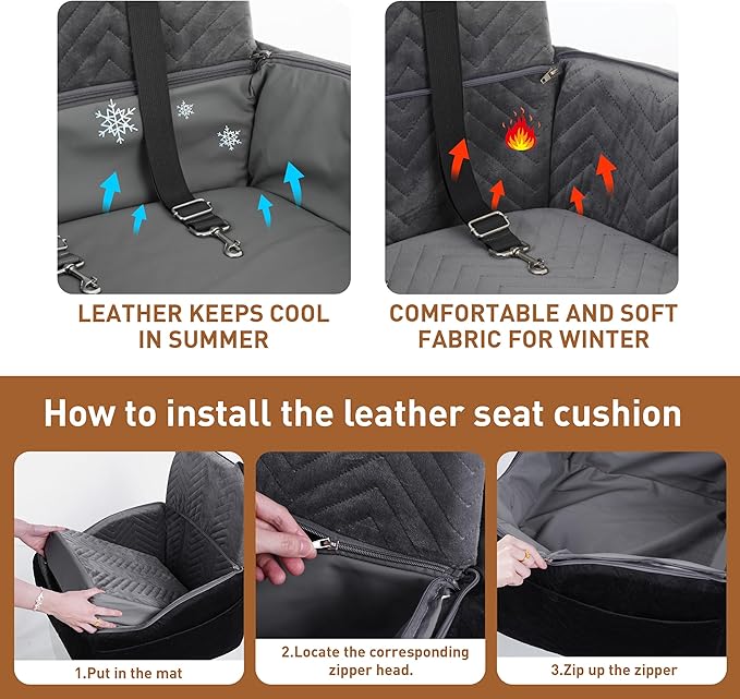 Dog Car Seat Booster with Waterproof Cover, Memory Foam, Small/Medium Dog Bed for Car Back Seat for Travel, Black/Grey, 2 Safety Belt-PawvioPets