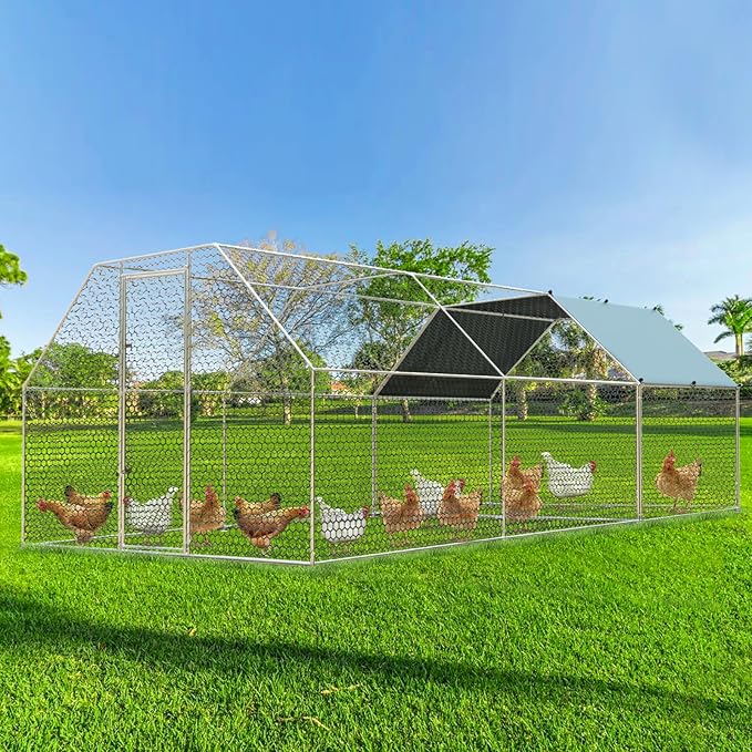 4ever2buy Large Metal Chicken Coop with Run Walk-in Poultry, Cage Chicken Runs House Pen Cage, Flat Roofed Chicken Coops with Anti-Ultraviolet Cover for Outdoor, Yard Farm, Use 9.2’Lx18.7’Wx6.4’H-PawvioPets