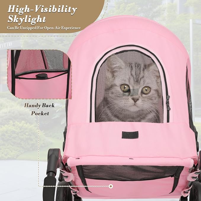 Athena Collection 3 Wheels Pet Stroller Fabric Dog Cart Dog Stroller for Large Dogs 55 Lbs Pet Stroller with Mesh Windows, Zipper Back Pocket, Safety Tether, Angle Adjustable Handlebar, Pink-PawvioPets