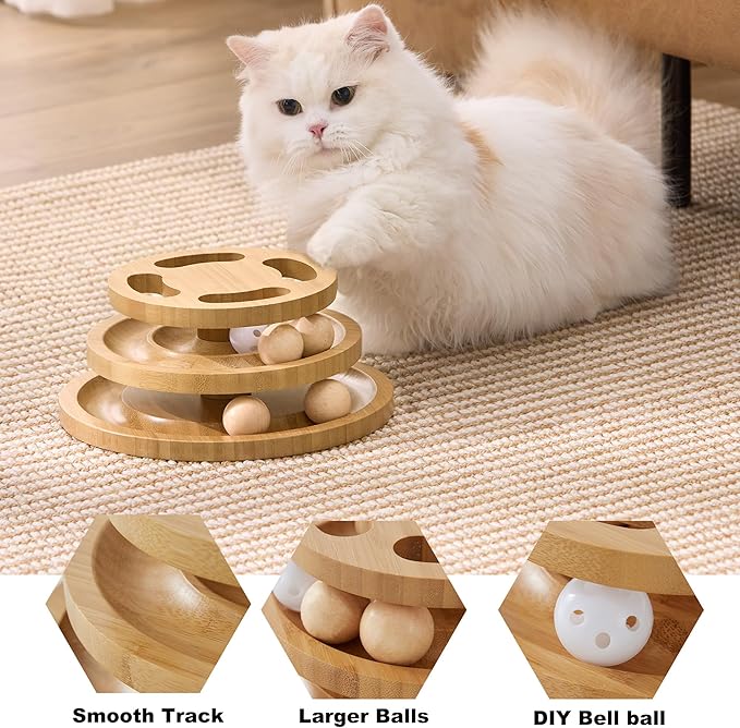 Cat Ball Track Toy with Puzzle Top, Wooden Cat Toys for Indoor Cats with Spinning Balls, Interactive Large Cat Ball Tower for Kitten Exercise Mental Physical-PawvioPets