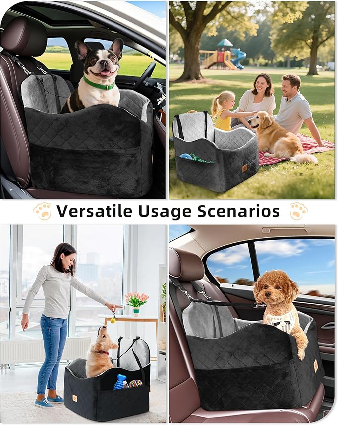 Car Seat Booster for Dog: High-Support Memory Foam Pet Car Seat for Small/Medium Dogs Under 35lbs with Elevated Cushion, Pockets - Detachable Washable Puppy Travel Bed for Driving(Black/Grey)-PawvioPets