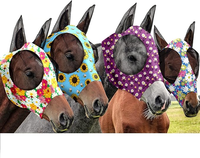 Frienda 4 Pieces Horse Fly Masks with Ears Face Covering UV Protection from Insect Pests Elasticity Smooth Comfortable Mesh Horse Mask Accessories(Flower,Large)-PawvioPets
