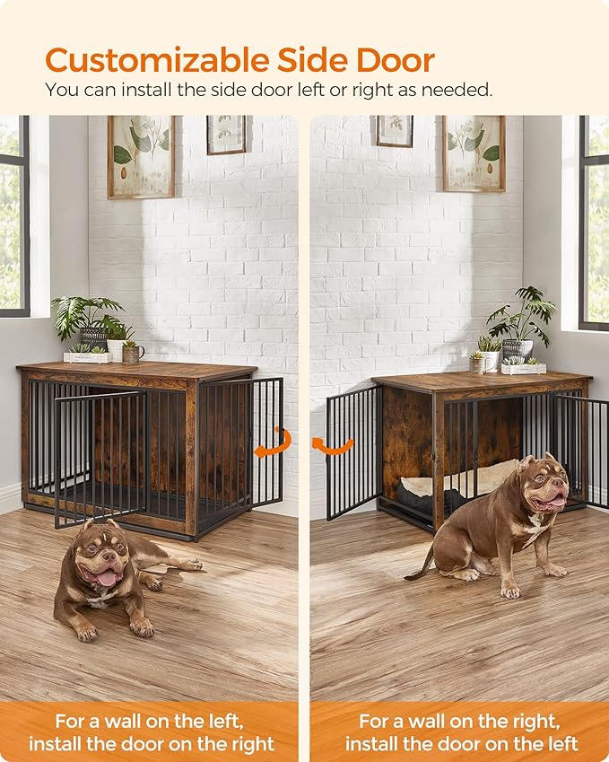 Feandrea Dog Crate Furniture, 38 Inches Dog Kennel for Dogs up to 70 lb, with Removable Tray, Heavy-Duty Dog Cage End Table, Double Doors Dog House, Rustic Brown UPFC013X01-PawvioPets