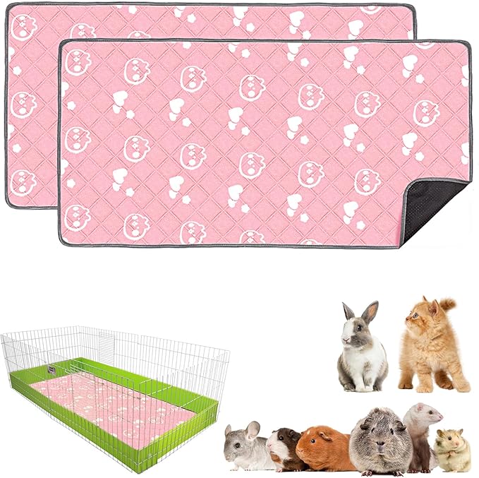 2 Pack Guinea Pig Bedding - Washable Guinea Pig Liner for Midwest Cage, Waterproof Reusable & Anti Slip Pee Pads Super Absorbent Mats for Small Animals Rabbit Hamster Rat (Pink, 48 x 24 Inch)-PawvioPets