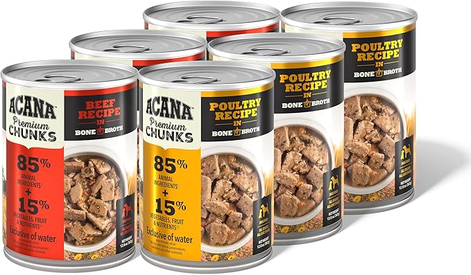 ACANA Premium Chunks in Bone Broth Grain-Free Wet Dog Food Variety Pack: Beef + Poultry Recipes 12.8oz Cans (6 Count, 3 of Each)-PawvioPets