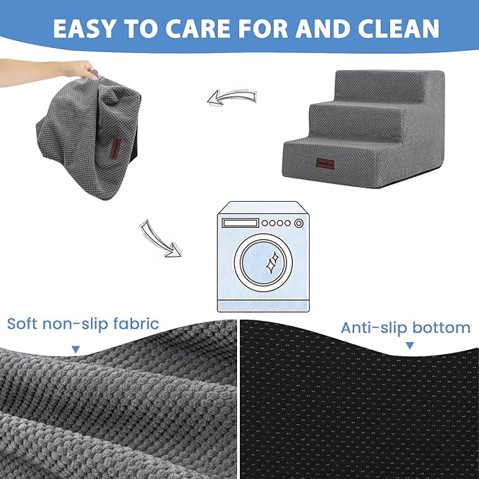 Dog Stairs for Small Dogs & Cats, 3-Step Non-Slip Pet Steps for Couch Sofa and Chair, Grey, 13.6" H-PawvioPets