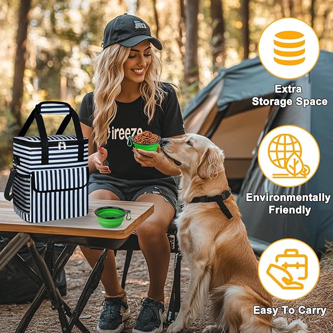 Dog Travel Bag for Camping - Pet Travel Accessories with 2 Collapsible Bowls, 2 Food Containers & Waterproof Feeding Mat - Portable Dog Carrier, Stripe (Small)-PawvioPets