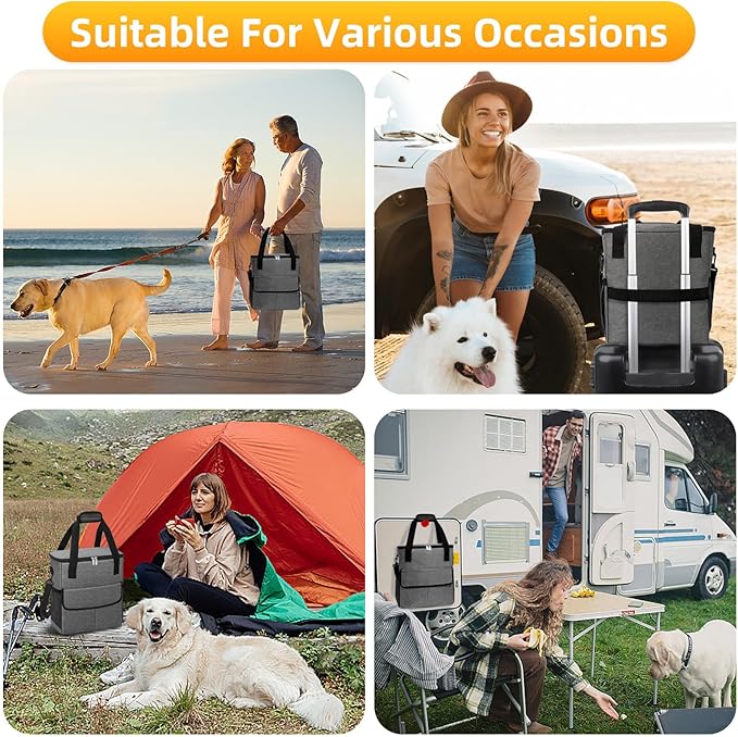 Dog Travel Bag for Camping - Weekend Pet Accessories With 2 Collapsible Bowls, 2 Food Containers, 1 Waterproof Feeding Mat - M, Grey-PawvioPets