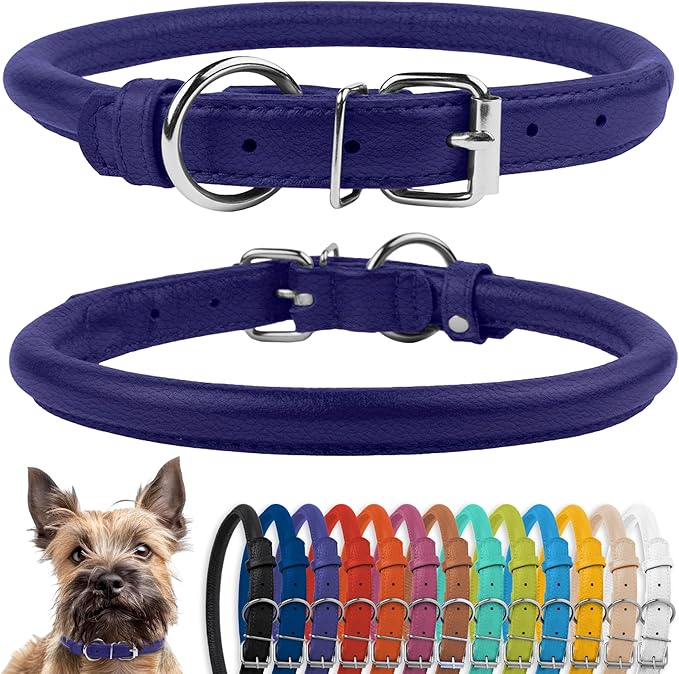 CollarDirect Rolled Leather Dog Collar, Soft Padded Round Puppy Collar, Handmade Genuine Leather Collar Dog Small Large Cat Collars 13 Colors (8-11 Inch, Purple Textured)-PawvioPets