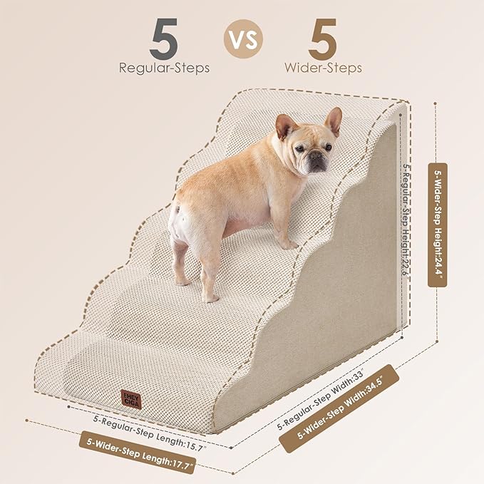 EHEYCIGA Curved Dog Stairs Ramp for High Beds, 5-Step Extra Wide Dog Steps for Small Dogs and Cats, Pet Stairs for High Bed Climbing, Non-Slip Balanced Pet Step Indoor, Beige-PawvioPets