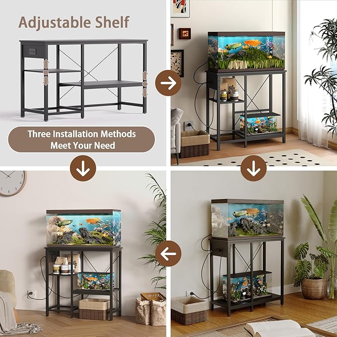 20-29 Gallon Fish Tank Stand with Power Outlet & LED Light, Metal Aquarium Stand with 3 Tier Adjustable Storage Shelves, Tank Stand for Reptile Tank, Turtle Tank, 30.7" L*13.8" W, Black-PawvioPets