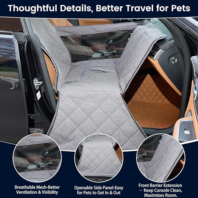 Dog Car Seat for Small/Medium Dogs with Door Protection – Full Coverage Pet Booster Seat with Mesh Window, Zippered Side Flaps, Safety Buckle, Grey Linen Fabric-PawvioPets
