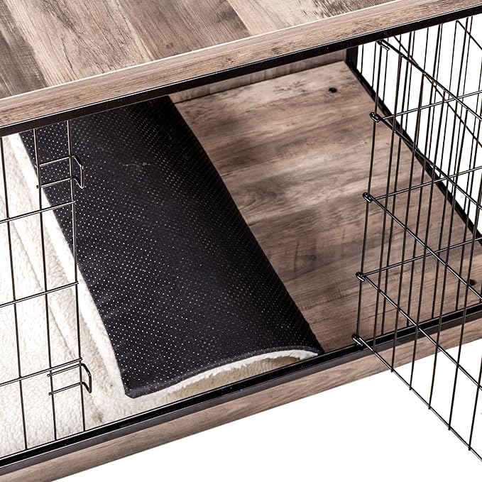DWANTON Dog Crate Furniture with Cushion, Wooden Kennel Table with Double Doors, Indoor Dog House, Extra Large Size, 43.3" L, Greige-PawvioPets