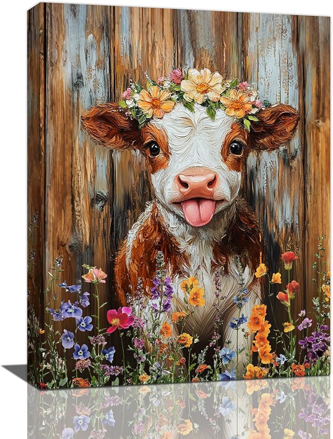 Funny Cow Bathroom Pictures Wall Art, Rustic Brown Cute Cow Bathroom Wall Decor, Farmhouse Floral Framed Painting Animal Flower Canvas Artwork for Bedroom Living Room Decorations 20"L x 16"W-PawvioPets