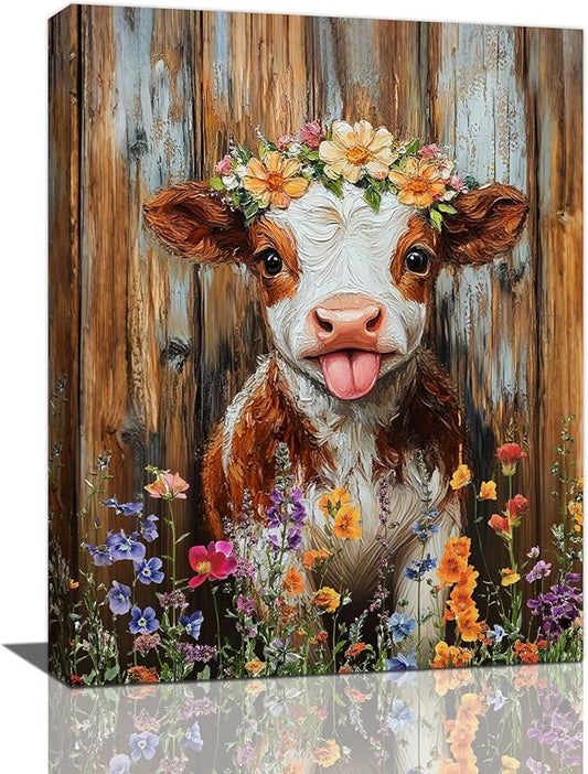 Funny Cow Bathroom Pictures Wall Art, Rustic Brown Cute Cow Bathroom Wall Decor, Farmhouse Floral Framed Painting Animal Flower Canvas Artwork for Bedroom Living Room Decorations 20"L x 16"W-PawvioPets