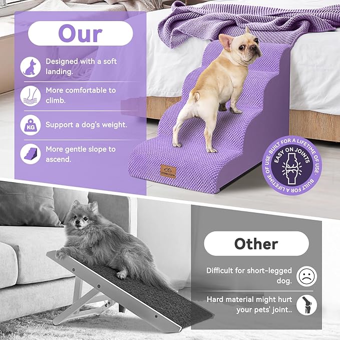 Dog Ramp and Stair for Bed 16" H-20 H,3-Step Cat Stair for Sofa and Chair,4-Step Dog Ramp for High Bed and Window,Durable Nonslip Fabric Cover for Indoor (Purple-20 H, Pet Friendly, 4)-PawvioPets