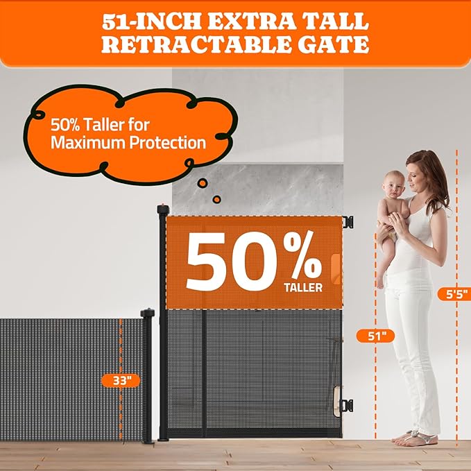 Extra Tall Retractable Baby Gates: 51" Tall Pet Gate, Extend up to 120" Wide, Mesh Baby Gate with Support Rods Jump-Proof Design for Cats & Large Dogs High Dog Cat Door Indoor Outdoor, Black-PawvioPets