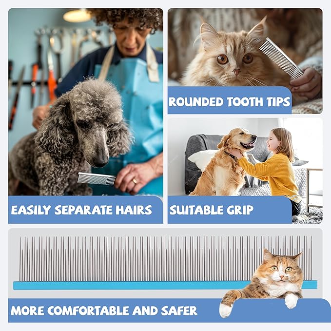 8.5 Inch Upgrade Blue Professional Pet Comb,Dual-Tooth Grooming Comb Anti-Static Smooth Rounded Corners Prevent Friction Breakage and Irritation,Removing Excess Hair for Long-Haired Cats and Dog-PawvioPets