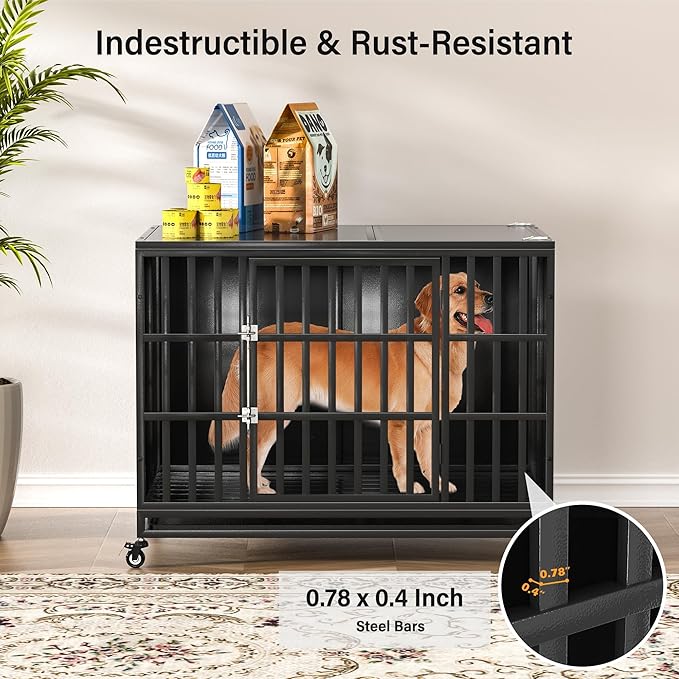 42 inch Heavy Duty Dog Crate with Self-Locking Latch, Indestructible Steel Large Kennel with Enclosed Design, Chew-Proof and Escape-Proof Pet Cage for High Anxiety Dogs-PawvioPets