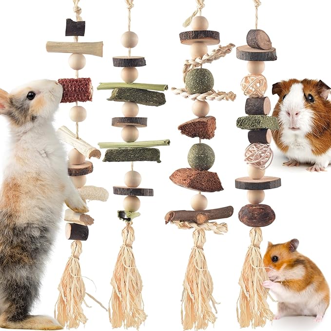 4 Pcs Bunny Chew Toys for Teeth, Hanging Rabbit Chewing Toy Treats with Timothy Grass & Natural Apple Wood, Improve Small Rodent Dental Health for Guinea Pig Hamster Chinchilla Rat Gerbil-PawvioPets