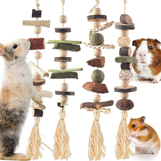 4 Pcs Bunny Chew Toys for Teeth, Hanging Rabbit Chewing Toy Treats with Timothy Grass & Natural Apple Wood, Improve Small Rodent Dental Health for Guinea Pig Hamster Chinchilla Rat Gerbil-PawvioPets