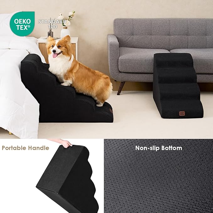 EHEYCIGA Curved Dog Stairs Ramp for High Beds 22.6" H, 5-Step Dog Steps for Small Dogs and Cats, Pet Stairs for High Bed Climbing, Non-Slip Balanced Pet Step Indoor, Black-PawvioPets