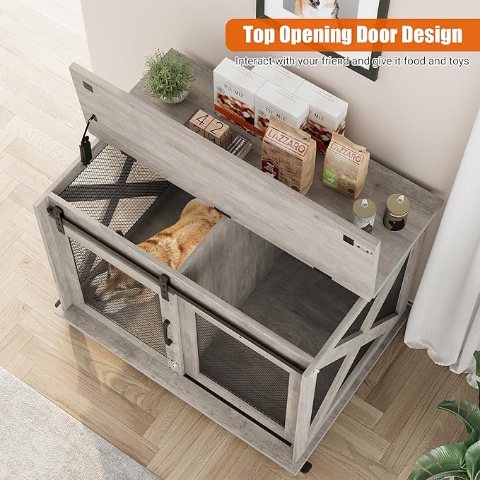 Dog Crate Furniture,37 Inch Indoor Dog Cage with Sliding Barn Door, Flip Top Dog Kennel End Table with Removable Divider, Farmhouse Wooden Pet House for Small to Middle Size Dogs-PawvioPets