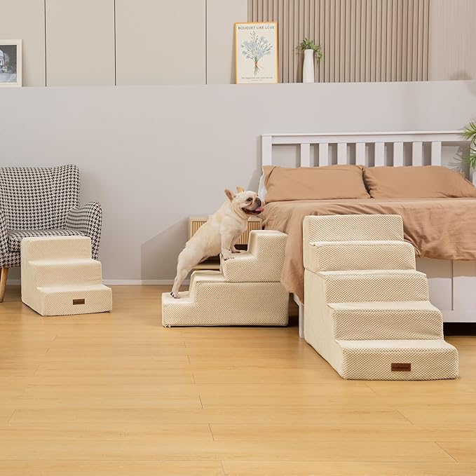 Dog Stairs for Small Dogs & Cats, 3-Step Non-Slip Pet Steps for Couch Sofa and Chair, Beige, 13.6" H-PawvioPets