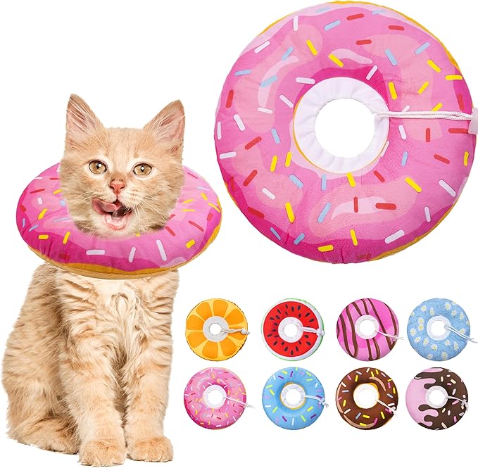 Cat Cone Collar Soft, Adjustable Cat Recovery Collars Spay Cones to Stop Licking, Cute Donut E Collar After Surgery, Anti-Lick Wound Healing Elizabethan Collar for Kittens (Donut Pink, Small)-PawvioPets
